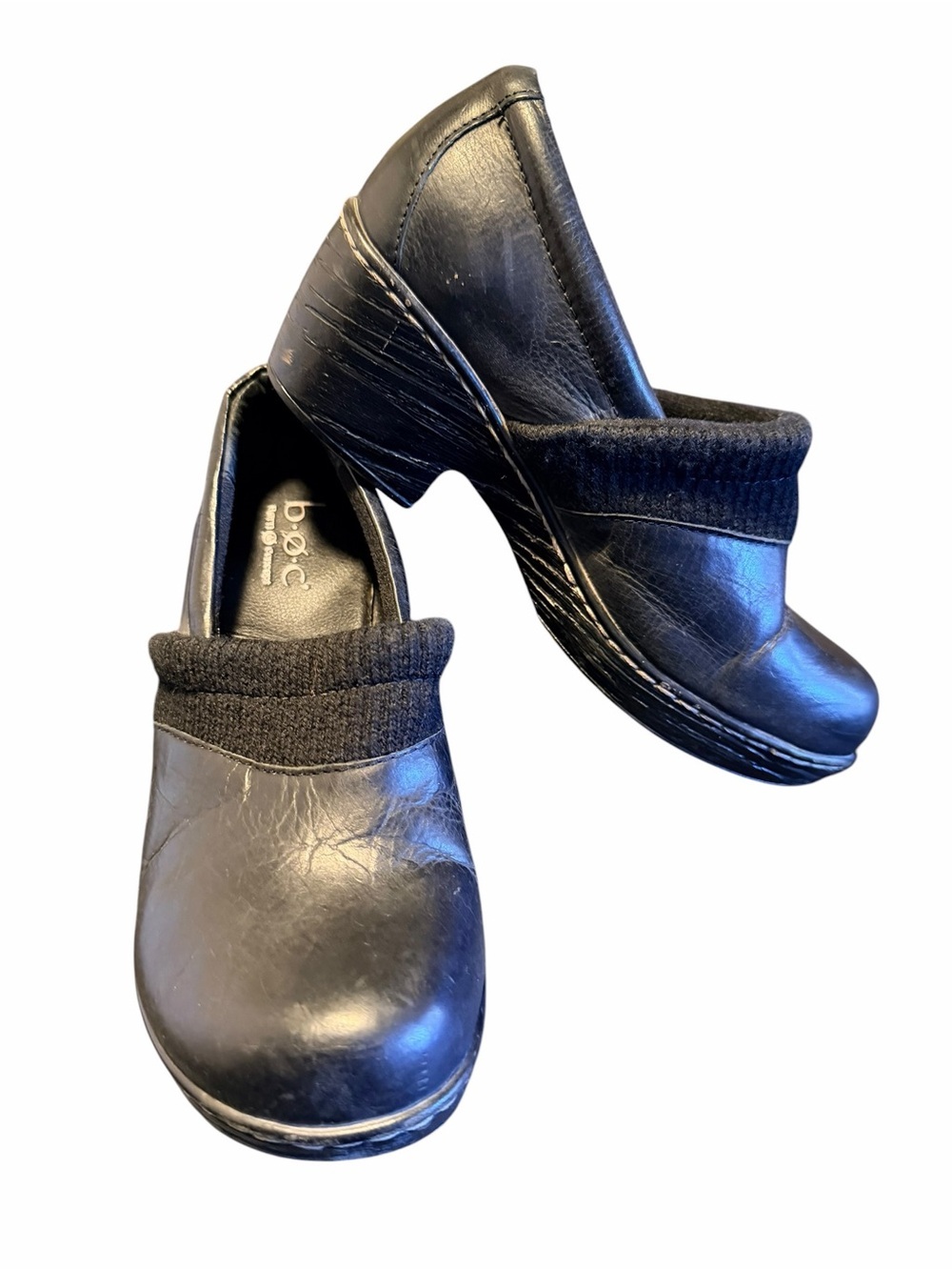 b.o.c. Black Leather Clog Mules with Knit Cuff Size 7M